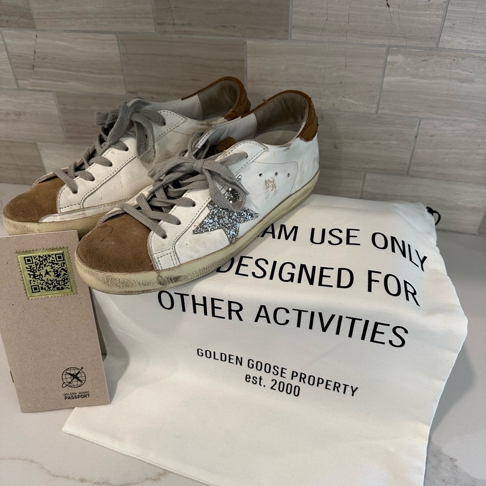 Golden Goose White and Tan Sneakers with Glitter Star